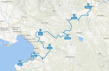 Kaart met fietsroute door Slovenië van Piran naar Ljubljana, via Karst-gebied, Postojna, Vipava en Idrija.