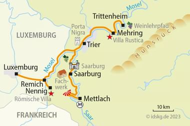 Kaart met fietsroute langs de Moezel van Trier naar Mehring via Remich, Nennig en Mettlach in Duitsland, Luxemburg en Frankrijk.