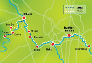 Fietsroutekaart van Cochem naar Aschaffenburg met stops in Karden, Koblenz, Burg Eltz, St. Goar, Oberwesel, Bingen, Mainz en Frankfurt am Main.