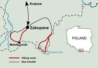 Kaart met wandelroute in rood tussen Zakopane en Małołączniak in het Tatra-gebergte, Polen, met bustransfer in zwart vanuit Krakau.