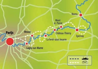 Kaart Paris-Epernay route door Champagne Groene kaart met route van Parijs naar Epernay via de Marne, door Lagny-sur-Marne, Château-Thierry en Reims met boot- en fietssymbolen.