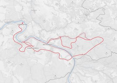 Kaart van Malerweg etappe 6 in Duitsland met rode wandelroute van Kurort Rathen via Bad Schandau naar Kurort Gohrisch met rivier de Elbe in blauw.
