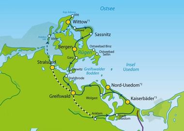 Toeristische kaart van Duitse Oostzee-eilanden Rügen, Usedom en Hiddensee met steden als Stralsund, Bergen, Sassnitz en Kaiserbäder.