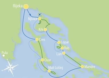 Kaart met fiets-vaar route van Rijeka door Kroatische eilanden waaronder Krk, Cres, Lopar, Rab, Lun en Mandre met stippel- en doorgetrokken lijnen.