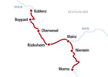 Kaart van fietsroute van Koblenz naar Mainz langs Rijn en Main, via Boppard, Oberwesel, Rüdesheim, Nierstein en Worms.