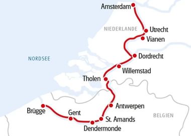 Kaart met rode route van Brugge door Belgische en Nederlandse steden zoals Gent, Antwerpen, Dordrecht, Utrecht naar Amsterdam.