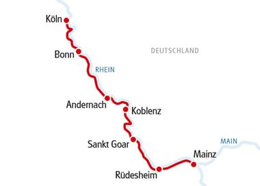 Kaart van Rijnfietsroute van Keulen naar Mainz met rode lijn door Bonn, Andernach, Koblenz, Sankt Goar en Rüdesheim.