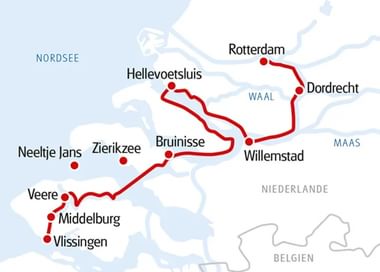 Kaart met fietsroute door Nederland en België van Rotterdam via Dordrecht, Willemstad, Hellevoetsluis, Bruinisse, Zierikzee, Veere, Middelburg naar Vlissingen met rode lijn.