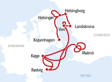 Kaart met fietsroutes tussen Denemarken en Zweden, die Kopenhagen, Malmö, Helsingborg, Helsingør, Ven, Landskrona, Køge en Rødvig verbindt.