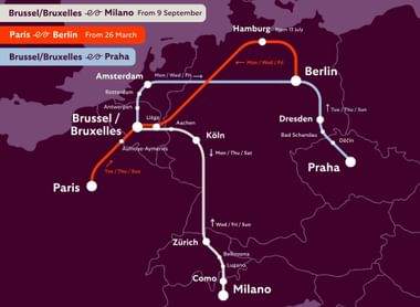 Routekaart met European Sleeper treinverbindingen tussen grote steden zoals Brussel, Parijs, Berlijn, Praag, Milaan en Zürich met vertrekdagen.