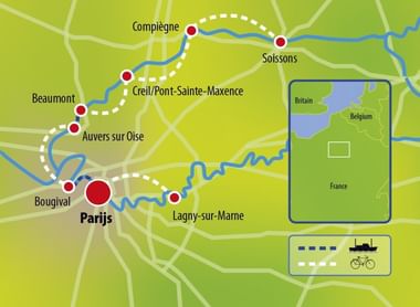 Kaart met fietsroute van Parijs via Lagny-sur-Marne, Soissons, Compiègne naar Beaumont. Inzet toont locatie in Noord-Frankrijk bij België.