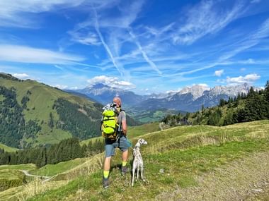 Wandelaar met gele rugzak en witte hond op alpenweidepad in Maria Alm, met bergtoppen en beboste hellingen onder blauwe lucht.