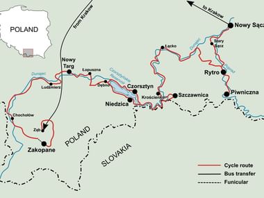 Kaart van de Dunajec fietsroute in Zuid-Polen met steden als Nowy Sącz, Rytro, Czorsztyn en Zakopane. Rode lijn toont fietsroute, blauwe rivieren.