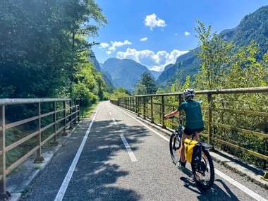 Fietser met helm en gele fietstassen op geasfalteerd fietspad met metalen leuning in Alpe Adria Kanaltal, omgeven door bergen en bomen.