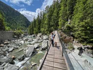 Vrouw met rugzak en hond steekt houten hangbrug over Rofla-kloof over met turquoise rivier, omgeven door dicht bos en bergen.