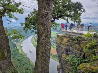 Toeristen op Bastei-brug uitkijkplatform kijken naar Elbe die door groene vallei kronkelt, omlijst door grote boomstammen en zandstenen kliffen.