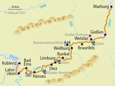 Kaart met fietsroute langs de Lahn van Marburg naar Lahnstein, via steden als Gießen, Wetzlar, Weilburg en Limburg in Duitsland.