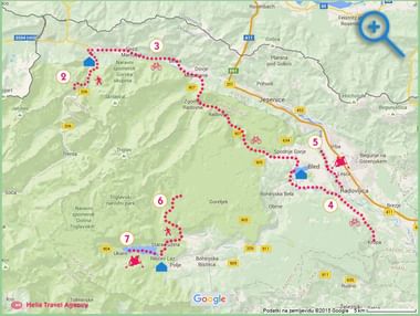 Topografische kaart van Slovenië met een multi-actieve fietsroute en genummerde wegpunten 3-7, die steden zoals Bled en Radovljica verbindt.