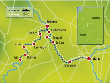 Kaart van de Moezel fietsroute door Duitsland van Mainz via Koblenz naar Zell, met boot- en fietssymbolen voor vervoersopties.