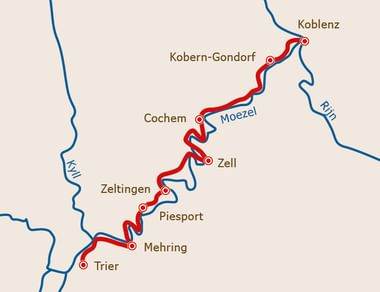 Kaart van Moezel fietsroute van Trier naar Koblenz met rode lijn langs de rivier door Duitse steden zoals Zell en Cochem.