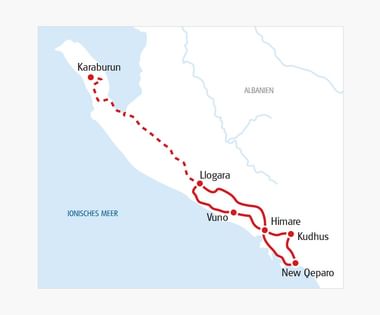 Albanië kustroute kaart Kaart van de Albanese kustroute van Karaburun naar New Qeparó via Llogara, Vuno, Himae en Kudhus langs de Ionische Zee.