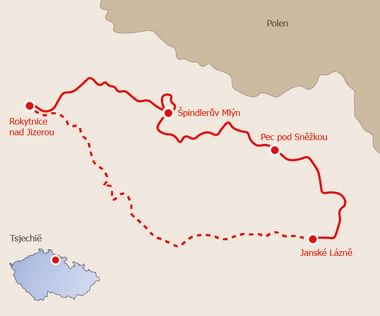 Kaart met wandelroute in Reuzengebergte, Tsjechië, die Rokytnice nad Jizerou, Špindlerův Mlýn, Pec pod Sněžkou en Janské Lázně verbindt.