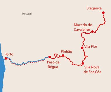 Kaart met fietsroute door Portugal van Bragança naar Porto, via Macedo de Cavaleiros, Vila Flor, Vila Nova de Foz Côa, Pinhão en Peso da Régua.