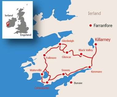 Kerry Way wandelroute kaart Ierland Kaart van de Kerry Way wandelroute in zuidwest Ierland met rode routelijn die plaatsen zoals Killarney, Glenbeigh, Waterville en Kenmare verbindt.