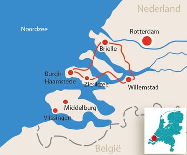 Kaart met fietsroute door provincie Zeeland met rode lijn die steden zoals Brielle, Rotterdam, Willemstad, Zierikzee en Middelburg verbindt.
