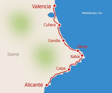 Kaart van Valencia-Alicante Costa Blanca regio Kaart van de Spaanse Middellandse Zeekust van Valencia naar Alicante met steden Cullera, Gandia, Denia, Xabia en Calpe langs rode route.