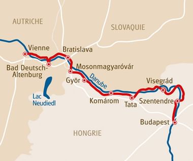 Wenen-Boedapest Donau fietsroute kaart Kaart van de fietsroute van Wenen naar Boedapest langs de Donau door Oostenrijk, Slowakije en Hongarije met stops in Bratislava, Győr, Komárom, Visegrád en Szentendre.