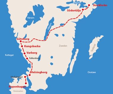 Kaart met reisroute van Stockholm naar Kopenhagen door Zweden en Denemarken, langs steden als Södertälje, Göteborg, Kungsbacka, Varberg, Helsingborg en Helsingør.