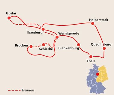 Harz regio fietsroute kaart Duitsland Kaart met fietsroutes in de Harz-regio met rode lijnen die steden zoals Goslar, Wernigerode, Halberstadt en Quedlinburg verbinden.