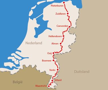 Pieterpad wandelroute kaart Nederland Kaart van de Pieterpad wandelroute door Nederland van Pieterburen naar Maastricht via steden als Coevorden, Hellendoorn en Venlo.