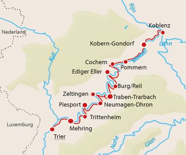 Moezel wijnroute kaart Duitsland Kaart van Moezel wijnroute door Duitsland met rode lijn langs rivier van Trier naar Koblenz, met plaatsen als Cochem, Bernkastel.