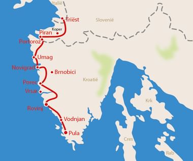 Kaart van schiereiland Istrië met kustroute Kaart van schiereiland Istrië met rode route langs kuststeden van Triëst naar Pula via Piran, Portorož, Umag, Novigrad, Poreč, Vrsar, Rovinj en Vodnjan.