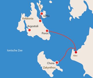 Kaart van Ionische eilanden met Kefalonia, Argostoli, Vathi, Poros, Kilini, Chora en Zakynthos met rode veerroute tussen de eilanden.