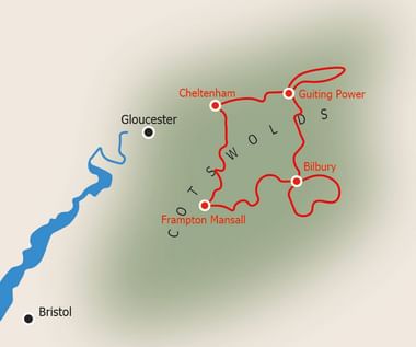 Kaart met 8-daagse fietsroute door Cotswolds-regio met rode lijn die Cheltenham, Guiting Power, Bilbury en Frampton Mansall verbindt.