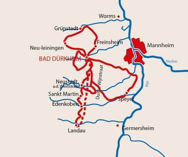 Kaart met wijntoer route in rood door de Pfalz met steden als Bad Dürkheim, Neustadt, Speyer. Blauwe lijnen tonen rivieren waaronder de Rijn.
