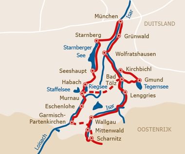 Kaart van München merentocht route in rood door Beieren, verbindt steden zoals Starnberg, Bad Tölz en Garmisch-Partenkirchen langs de Isar.