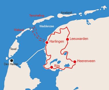 Kaart met fietsroute door Friesland met steden Harlingen, Leeuwarden, Heerenveen en Rijs, plus Waddeneilanden Vlieland, Terschelling en Ameland.