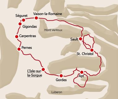 Kaart met fietsroute door de Provence met rode lijn die steden zoals Séguret, Vaison-la-Romaine, Sault, Apt en Gordes verbindt.
