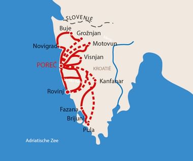 Kroatië reisroute kaart met kuststeden Kaart van Kroatië met een rode reisroute die kuststeden zoals Poreč, Rovinj, Fazana, Brijuni en Pula langs de Adriatische Zee verbindt.