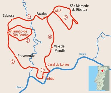 Kaart met fietsroute door Douro-dal, Portugal met genummerde stops waaronder Sabrosa, Provesende, Vilarinho de São Romão en andere plaatsen.