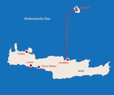 Kaart van Kreta en Santorini met gemarkeerde locaties: Chania, Loutro, Chora Sfakion en Heraklion. Een rode stippellijn verbindt Heraklion met Santorini.