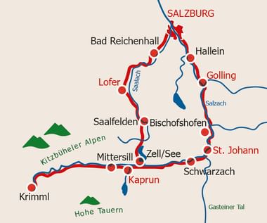 Kaart van de Tauern fietsroute door Oostenrijk, die steden verbindt van Salzburg naar Krimml via Bad Reichenhall, Lofer, Saalfelden en Kaprun.
