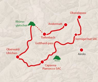 Wandelkaart van de Vier Bronnen Route door de Zwitserse Alpen, verbindt Oberalppass, Andermatt, Tiefenbach en andere locaties.