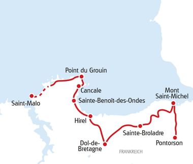Kaart met wandelroute door Normandië en Bretagne, die Mont Saint-Michel, Pontorson, Sainte-Broladre, Dol-de-Bretagne, Hirel, Cancale en Saint-Malo verbindt.