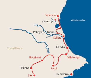 Costa Blanca fietsroute kaart Spanje Kaart van Costa Blanca fietsroutes met kuststeden van Valencia tot Benidorm, rode routelijnen verbinden plaatsen langs de Middellandse Zee.