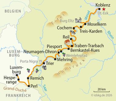 Kaart van Moezel fietsroute van Luxemburg naar Koblenz door Duitsland, Frankrijk en België met plaatsen als Trier, Cochem en Bernkastel-Kues.